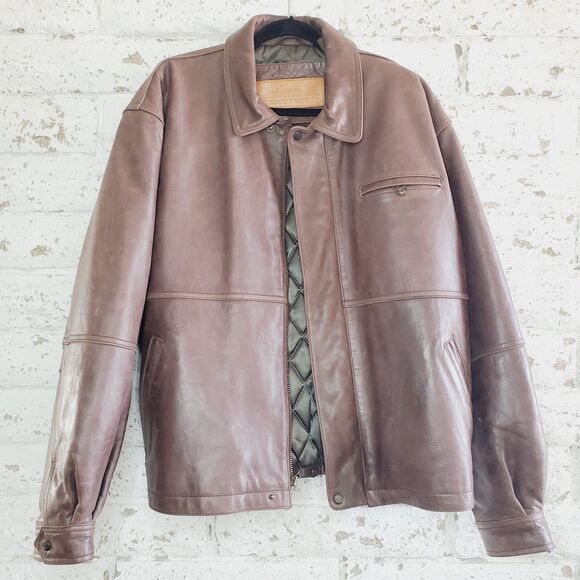 Timberland Mens Brown Leather Jacket Insulated Bomber Winter Coat Aviator SZ L